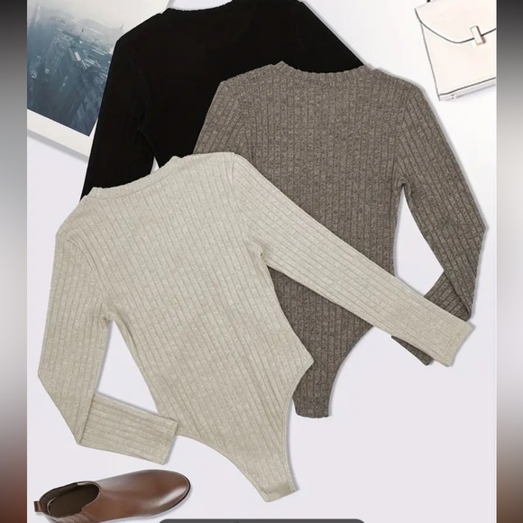 Womens 3pcs basic bodysuite, solid ribbed long sleeve round neck - Picture 2 of 5